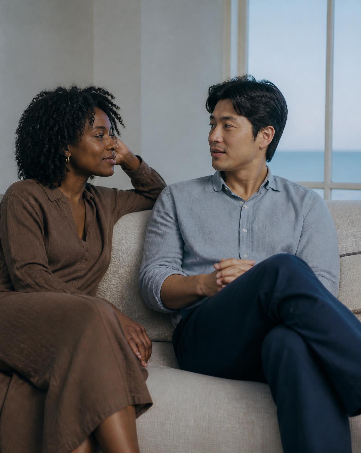 A couple sitting together in calm, soft light