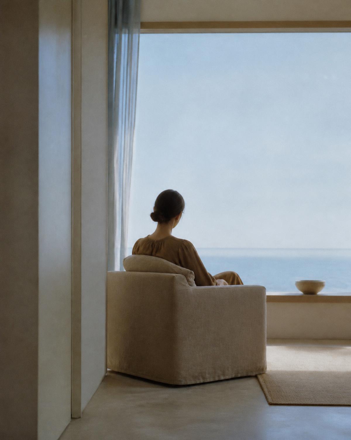 A person sitting quietly alone in soft natural light